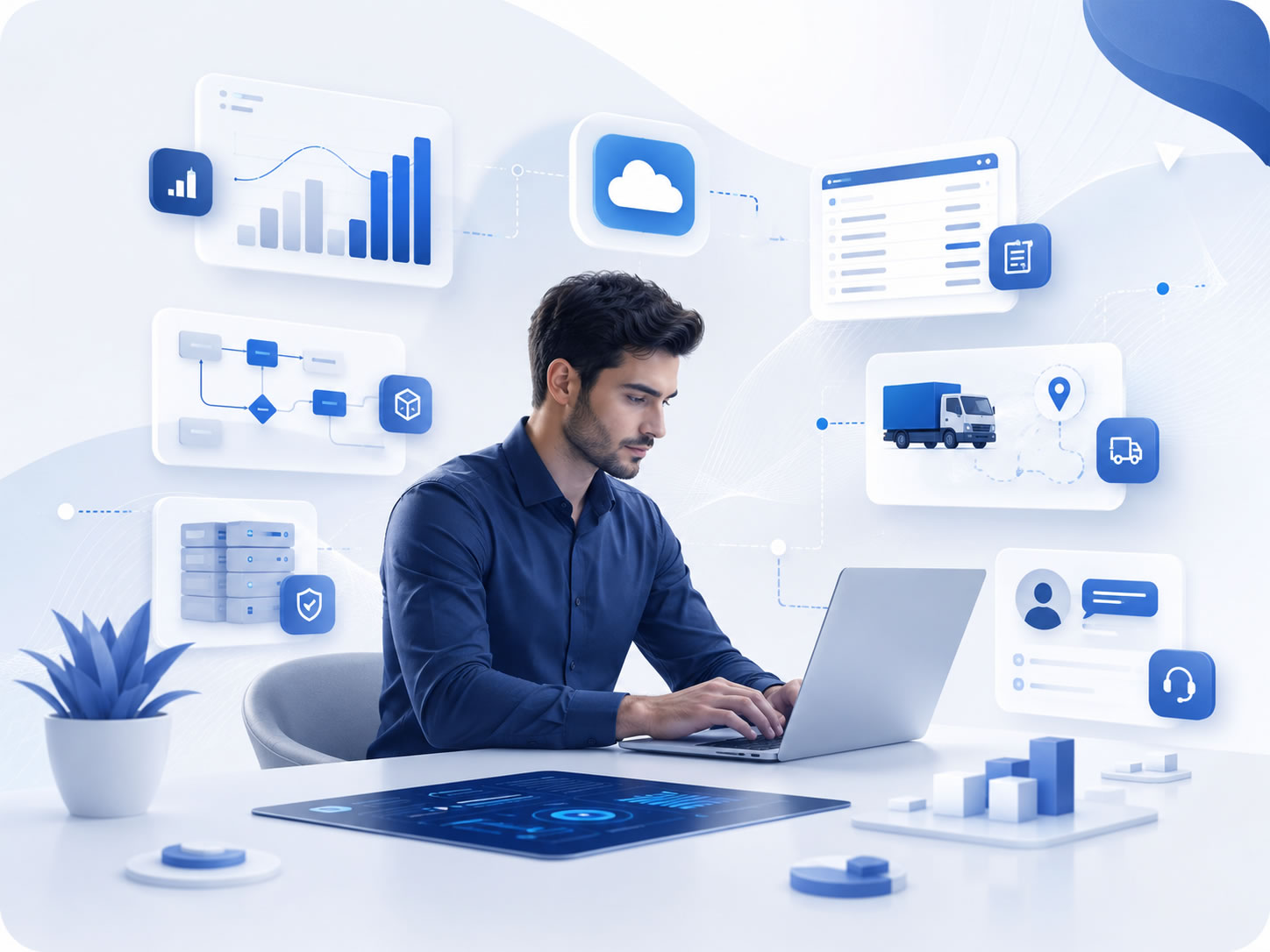 Persona profesional trabajando con interfaces de software empresarial