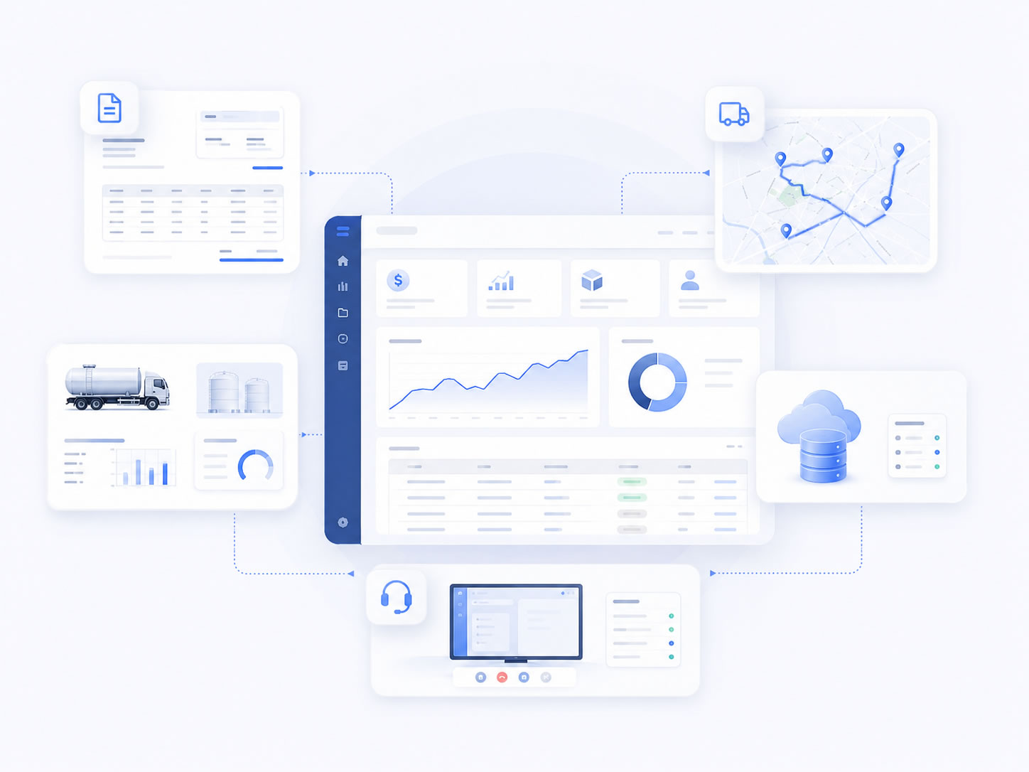 Persona profesional usando software empresarial con paneles de métricas, facturación, logística y soporte